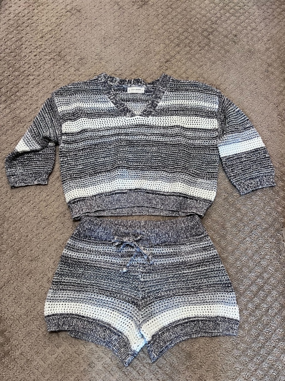 Lucky Brand Crochet Striped Knit Two-Piece Lounge Set - Blue, Gray & White